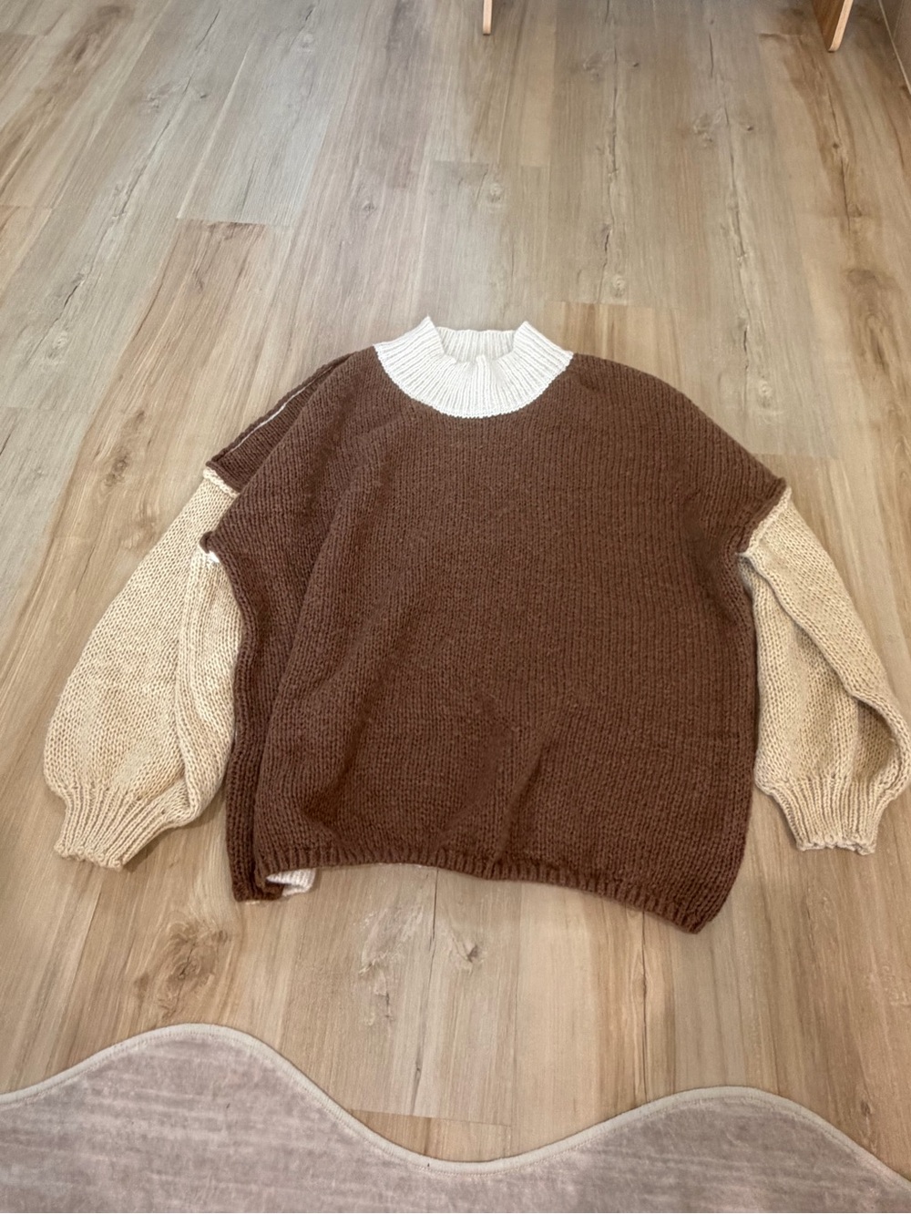 Cozy Two-Tone Brown & Cream Knit Sweater with White Rib Collar